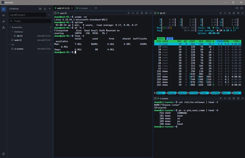 termnest: сайдбар с группами серверов и вкладка из трех панелей с bash, htop и ps